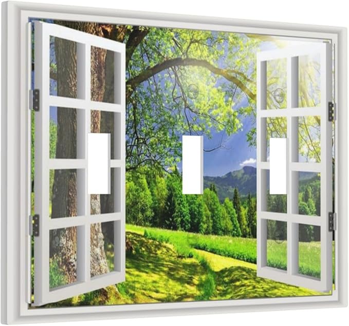 Light Switch Cover Window View Green Rustic Nature Wilderness 3 Gang Wall Plate Triple Light Switch Plate Toggle Decorative Outlet Covers Electrical Switchplate for Bathroom Bedroom Decor