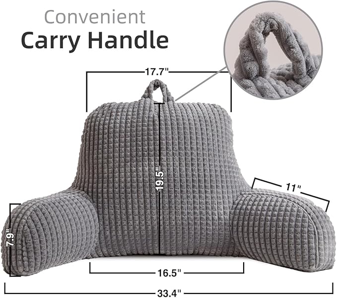 Holawakaka Reading Pillow for Bed and Sofa Couch Sitting Up, Backrest Pillows with Arms for Kids Teens Adults, Back Support Cushion for Lounging, Watching TV, Working on Laptop, Grey