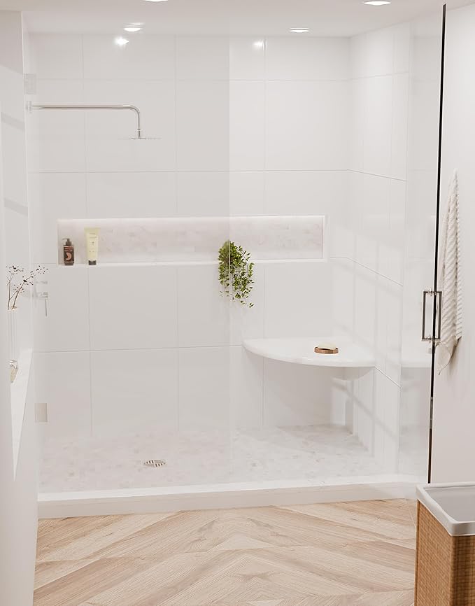 18" Super White Engineered Marble Corner Shower Seat – Floating or Solid Mount Bathroom Bench, Wall Mounted Shelf & Caddy for Showers, Classic Flatback Design