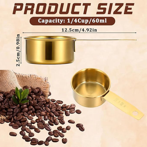 1/4 Cup Measuring Cups, 4 Pcs Golden Stainless Steel Measuring Scoop Gold Kitchen Accessories Metal 2 oz Cups for Baking Cooking Dry and Liquid Ingredient, Dishwasher Safe