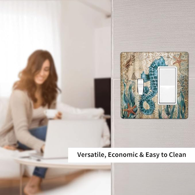 Vintage Blue Seahorse Seaweed Starfish Ocean Nautical Theme 2 Gang Light Switch Cover Decorative Combination Toggle Rocker/Decora Wall Plate Electrical Switchplate Faceplate for Farm Bathroom