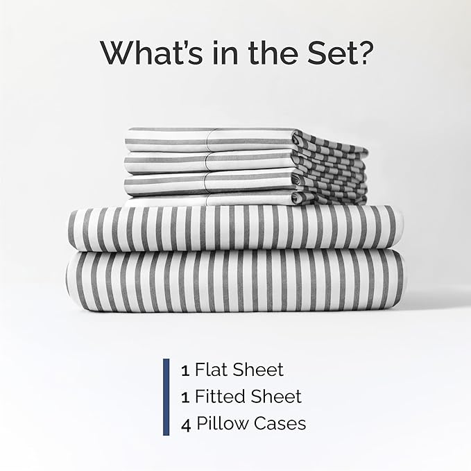 Cal King 6 Piece Sheet Set - Cooling and Breathable Bed Sheets - Hotel Luxury Bed Sheets for Women, Men, Kids & Teens - Deep Pockets - Easy Fit - Soft and Wrinkle Free - Cal King Grey Stripes Sheets