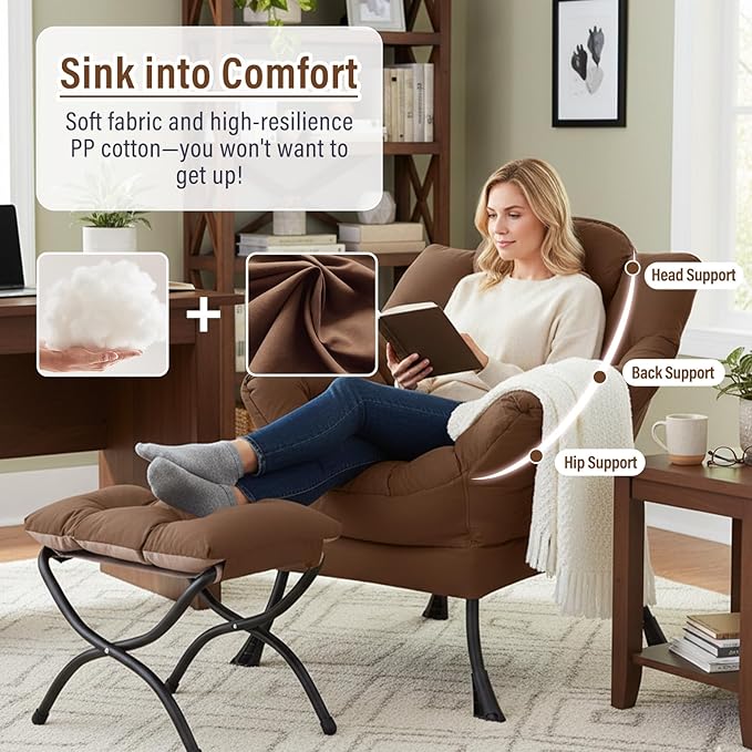 Lazy Chair with Ottoman, Modern Chair with Folding Footrest, Lounge Accent Chair, Comfortable Reading Chair (Dark Brown)