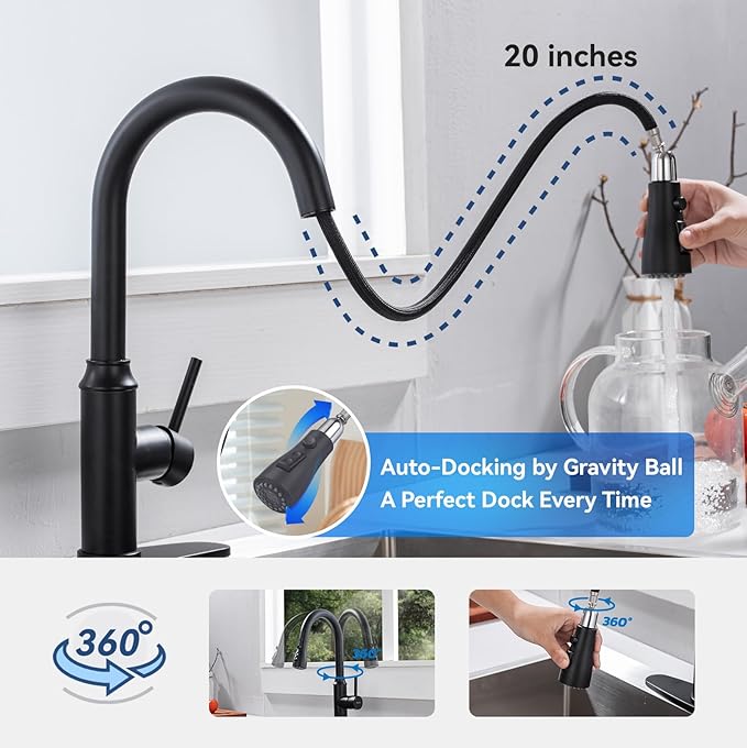 Matte Black Kitchen Faucet with Pull Down Spayer Arofa Single Handle Pull Out Kitchen Sink Faucet with Sprayer, Solid Brass Commercial Faucet for Kitchen Sink, RV, Outdoor, Laundry & Utility Room Sink