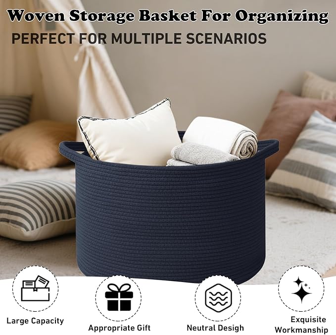 Large Storage Basket with Handle,23.6" x 23.6" x 15.7" Blanket Basket Storage Bins for Organizing,65L Cotton Rope Woven Baskets for Living Room, Nursery,Bedroom,Dark Blue