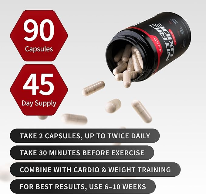 Snap Supplements Nitric Oxide Supplement with L-Arginine to Support Energy, Quick Recovery, Heart Health, Muscle Growth & Circulation, 90 Vegetarian Capsules