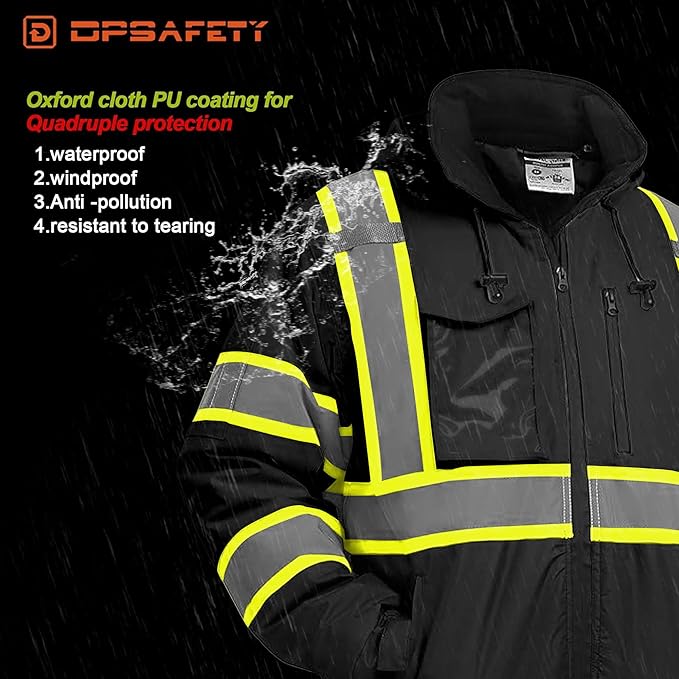 Hi Vis Safety jacket for men,Reflective high Visibility Hooded jacket,Work Bomber Jacket with Pockets and Zipper,Waterproof,ANSI Class 3 Black,3XL