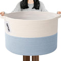 Large Storage Basket with Handle,19.7" L x 19.7" W x 13" H Blanket Basket Storage Bins for Organizing,65L Cotton Rope Woven Baskets for Living Room, Nursery ,Bedroom,White&Blue