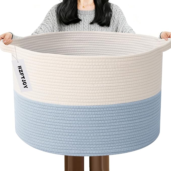Large Storage Basket with Handle,23.6" x 23.6" x 15.7" Blanket Basket Storage Bins for Organizing,65L Cotton Rope Woven Baskets for Living Room, Nursery ,Bedroom,White&Blue
