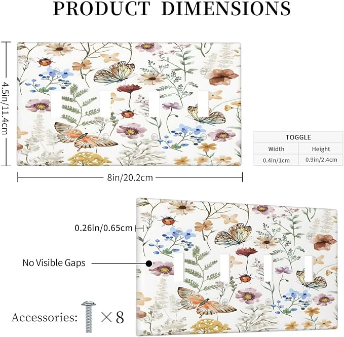 Boho Multicolor Flower Butterfly Insect Floral Light Switch Covers Quad Toggle Electrical Faceplate 4 Gang Wall Plate Decorative Switch Plates Cover for Bedroom Living Room Decor