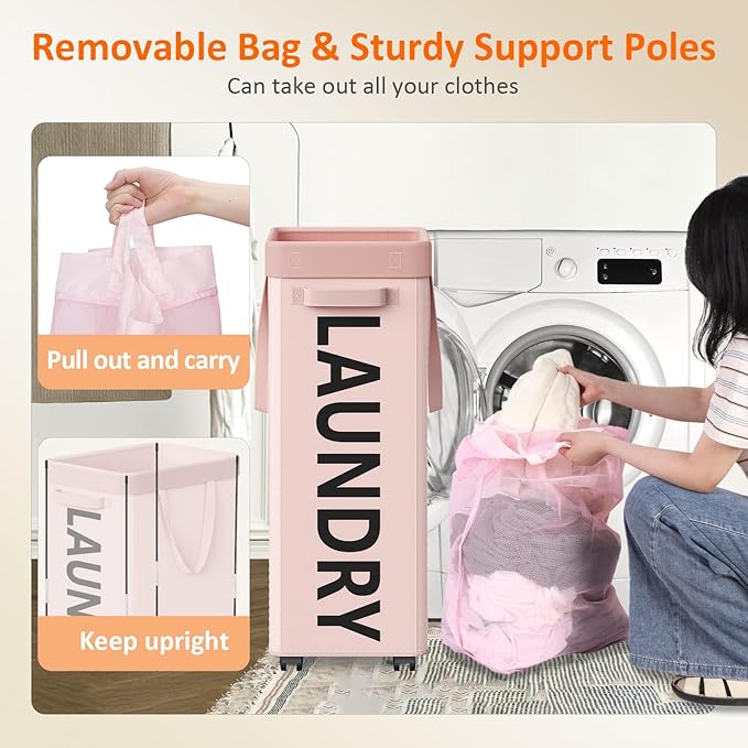 Pink Laundry Basket with Wheels, 90L Rolling Laundry Hamper with Wheels, Nursery Hamper on Wheel with Removable Mesh Bag for Clothes, Bedroom, Bathroom, Dorm