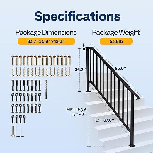 VIVOHOME 2-Pack 6 Step Galvanized Steel Hand Rails for Outdoor Steps – Curved Ends and Safety Balusters Exterior Railing for Porch, Deck, or Indoor Stairs, Complete Installation Kit