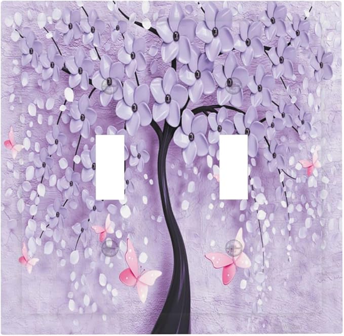 Light Switch Cover 3D Purple Tree 2 Gang Wall Plate Double Light Switch Plate Toggle Decorative Outlet Covers Electrical Switchplate for Bathroom Bedroom Decor