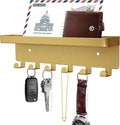 GTK Key Holder for Wall, Key Hooks with Tray and 6 Hooks, Wall Mounted Key Holder for Hallway, Key Rack with Shelf for Mail Storage (Gold)