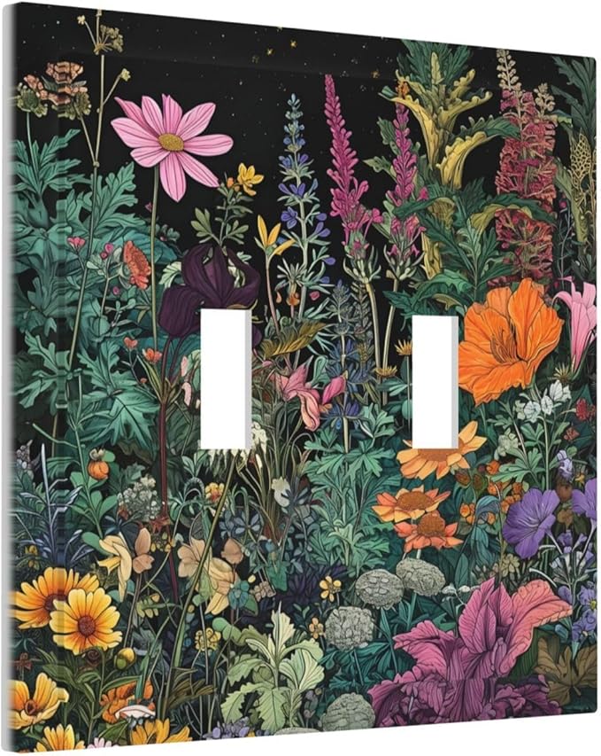 Decorative Light Switch Cover Plate Colorful Floral Dark Sky Wildflower Plants 2 Gang Switch Plate Covers Double Toggle Wall Plate Dual Device Faceplate for Bathroom Decor