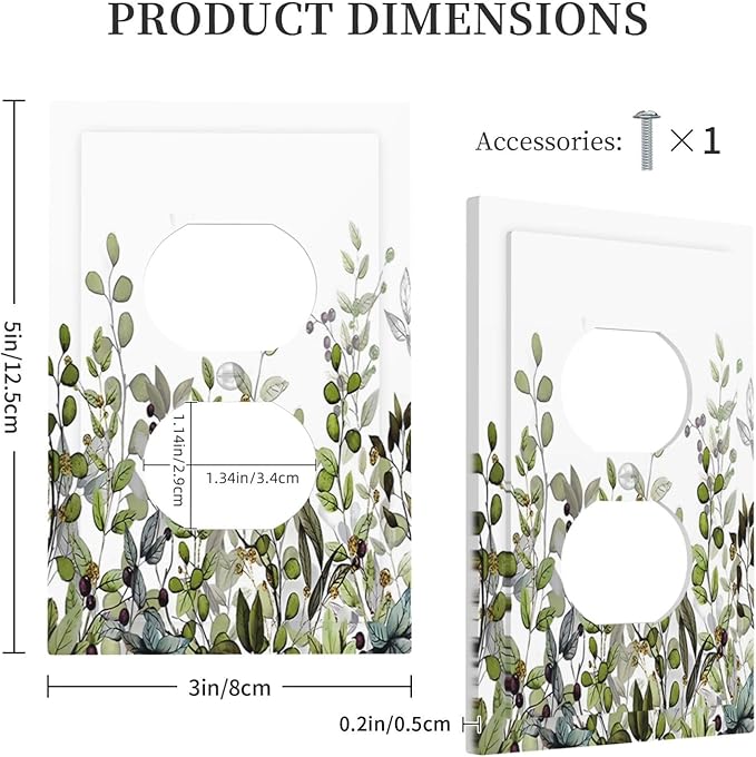 Watercolor Green Eucalyptus Leaves Plants Fruit Outlet Covers 1 Gang Duplex Light Switch Cover Decorative Switch Plates Electrical Receptacle Faceplate Wall Plate for Bed Room Living Room Decor