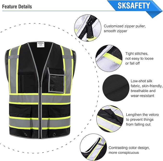 SKSAFETY 10 Pockets Safety Vest, Class 2 High Visibility Security with Zipper, Hi Vis Vest with Reflective Strips, ANSI/ISEA Standard, Construction Work Vest for Men ＆ Women （Black, 5XL）