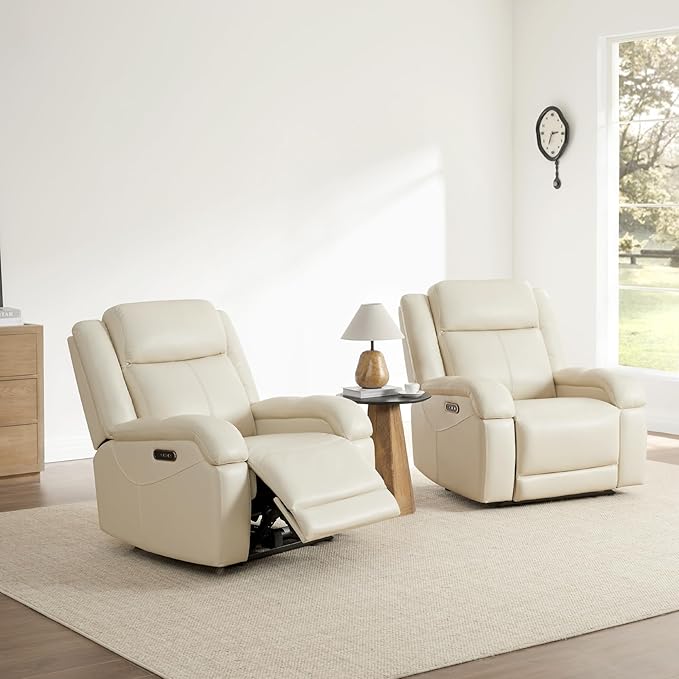 Watson & Whitely Genuine Leather Power Recliner Chairs for Adults, Wall Hugger RV Recliner with Power Headrest & Charging Ports, Electric Recliner Sofa Chair for Living Room, Cream