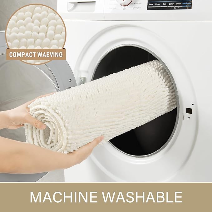 LOCHAS Luxury Bathroom Rug Shaggy Bath Mat 24 x 70 Inch, Washable Non Slip Bath Rugs for Bathroom Shower, Soft Plush Chenille Absorbent Carpets Mats, Cream White