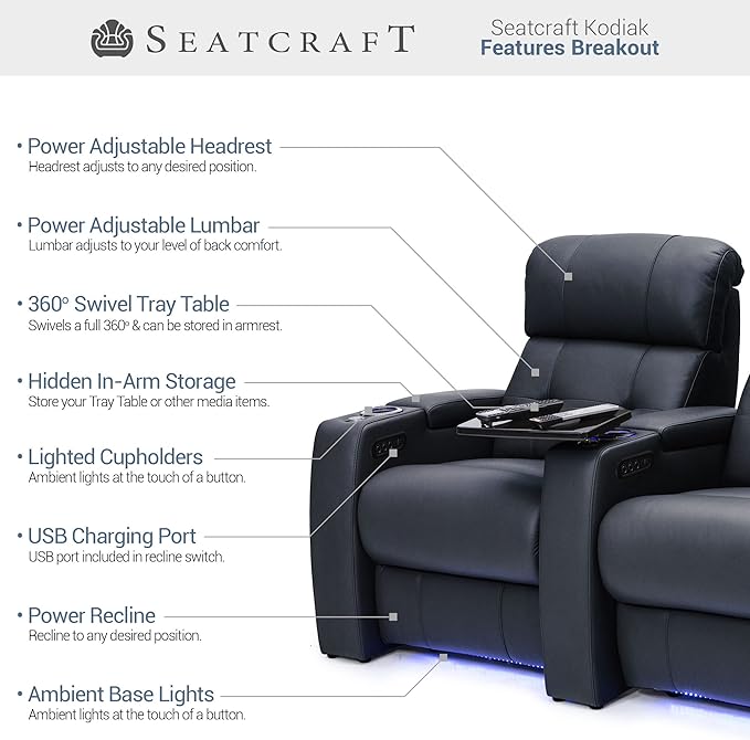 Seatcraft Kodiak Zero-Gravity CoolZero Italian Leather Home Theater Seating, Powered Headrest, Powered Lumbar, Powered Recline, Row of 3, Black