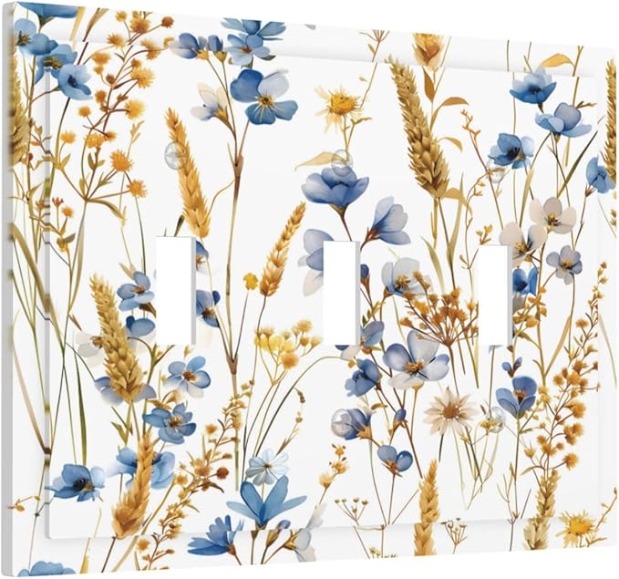Vintage Wildflower Blue Gold Country Fall Wheat Floral Decorative Switch Plates 3 Gang Wall Plate Triple Toggle Light Switch Cover Faceplate Electrical Wall Panels for Bedroom Living Room Decor