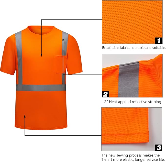 High Visibility Shirts Quick Dry Safety T Shirts with Reflective Strips and Pocket Short Sleeve Mesh Hi Vis Construction Work Class 2 Shirt for Men/Women Orange,3XL