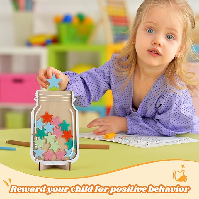 Magnetic Reward Jar, Geyrut Star Jar Reward Incentive Jars for Student Kids for Good Positive Behavior Home Classroom Responsibility Routine Training Management Tool with Colorful Stars