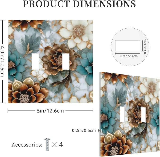 Vintage Marble Floral Gold/Green/White Metal Flowers Double Toggle Light Switch Covers Decorative 2 Gang Wall Plate Cover Dual Device Electrical Switchplate Dimmer Faceplate for Bathroom Decor