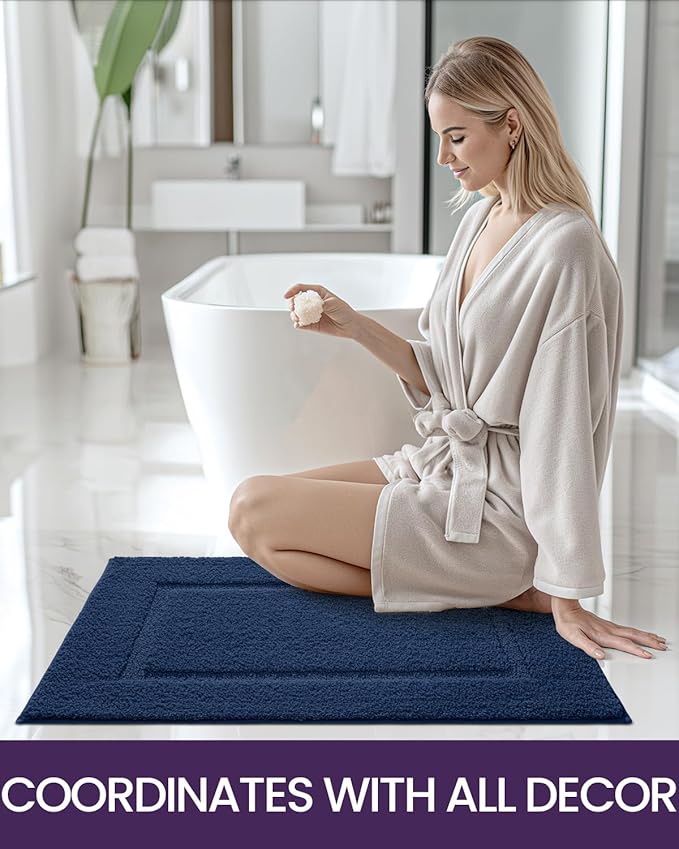 DEXI Bathroom Rugs 24x16, Washable Non Slip Bath Mat for Shower Floor, Absorbent Quick Dry Bathmat with Rubber Backing, Ultra Soft Plush Carpet for Tub, Navy