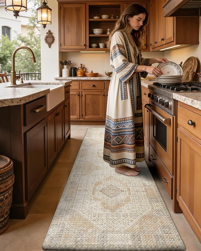 DEXI Kitchen Floor Mats Anti Fatigue, 23x86 Large Long Cushioned Vintage Runner Rug Waterproof, Standing Comfort Memory Foam Padded for Front Sink Laundry Office, Beige and Light Orange