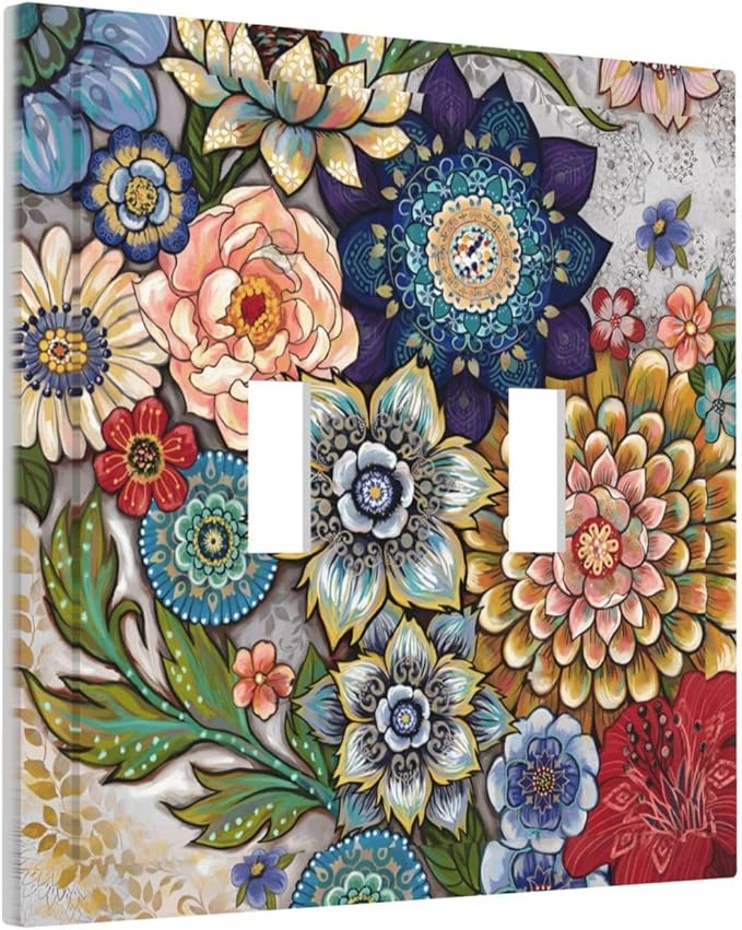 Boho Floral Colorful Floral Multi Color Flower Decorative Switch Plates 2 Gang Double Toggle Outlet Light Switch Cover Wall Plate Electrical Faceplate for Bedroom Living Room Home Decor