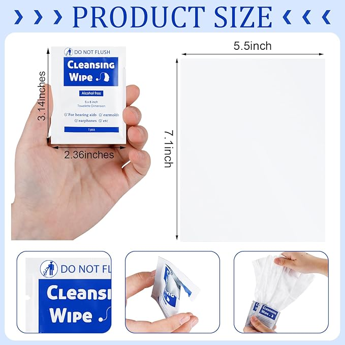250 Counts Hearing Aid Cleaning Wipes 5.51 x 7.87'' Hearing Aid Wipes Individually Wrapped Cleaning Towelettes for Amplifier, Earbuds