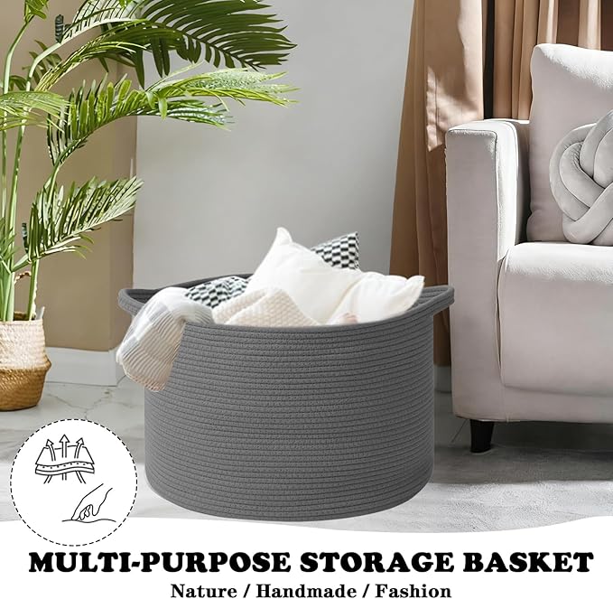 Large Storage Basket with Handle,19.7" L x 19.7" W x 13" H Blanket Basket Storage Bins for Organizing,65L Cotton Rope Woven Baskets for Living Room, Nursery ,Bedroom,Dark Gry