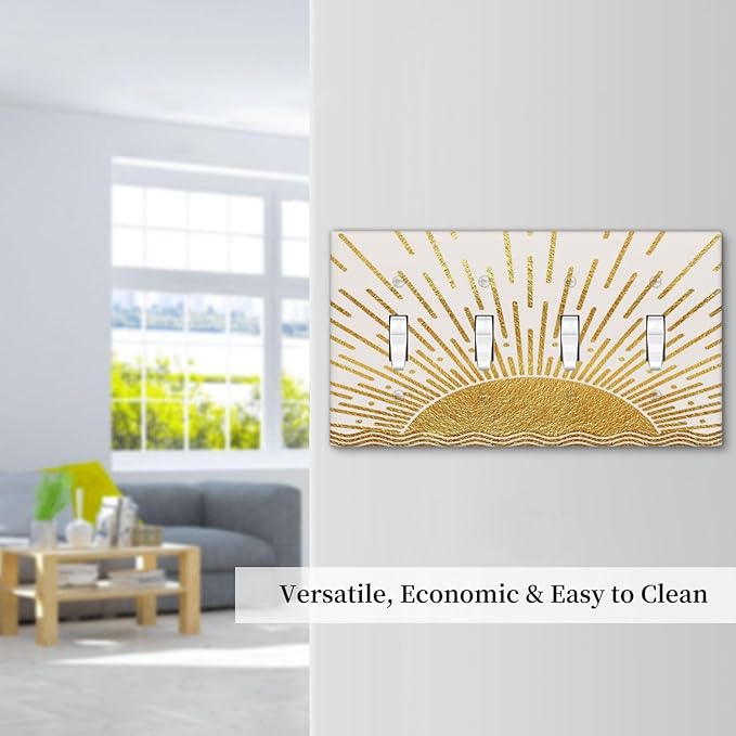 Mid Century Boho Golden Sun Sunrise Sunset Light Switch Covers Quad Toggle Electrical Faceplate 4 Gang Wall Plate Decorative Switch Plates for Bed Room Living Room Decor
