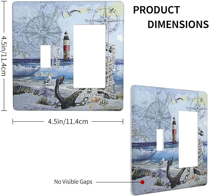 Light Switch Cover Sea Ocean Sand Coast Compass Ship Lighthouse Anchor 2 Gang Toggle Rocker Combo Wall Plates Decorative Switch Plates and Outlet Covers Receptacle Cover for Bathroom Decor