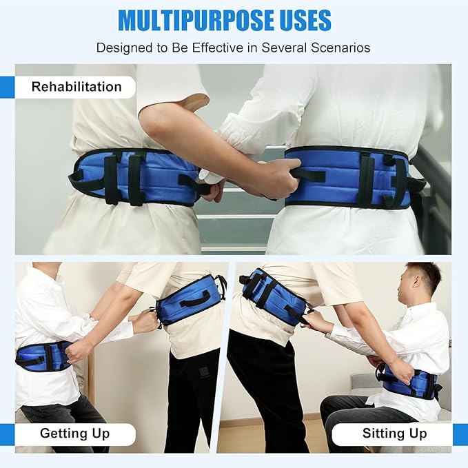 Rhino Valley Gait Belt 2 Pack with 7 Handles - Anti-Slip Transfer Belt for Seniors & Elderly Care, Adjustable Patient Lift Safety Belt for Home & Hospital Use, Blue & Black