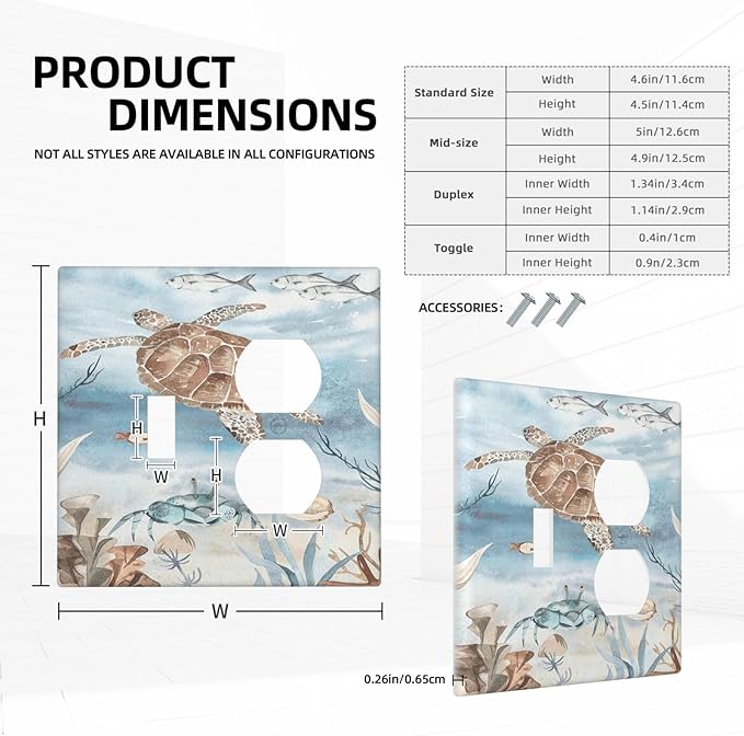Wallplates Sea Turtle Coral Reef Nauticaltheme 1 Toggle 1 Duplex Switch Plate Electrical GFCI Faceplate Decorative Light Switch Covers for Kids room Bathroom Decor