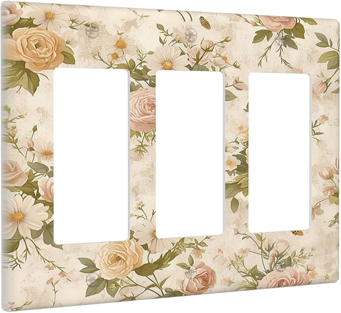 Light Switch Covers Boho Vintage Roses Pink Red Yellow Bouquet Floral 3 Gang Rocker Electrical GFCI Decorative Triple Outlet Wall Plate Cover Switchplate for Bedroom living Room Decor