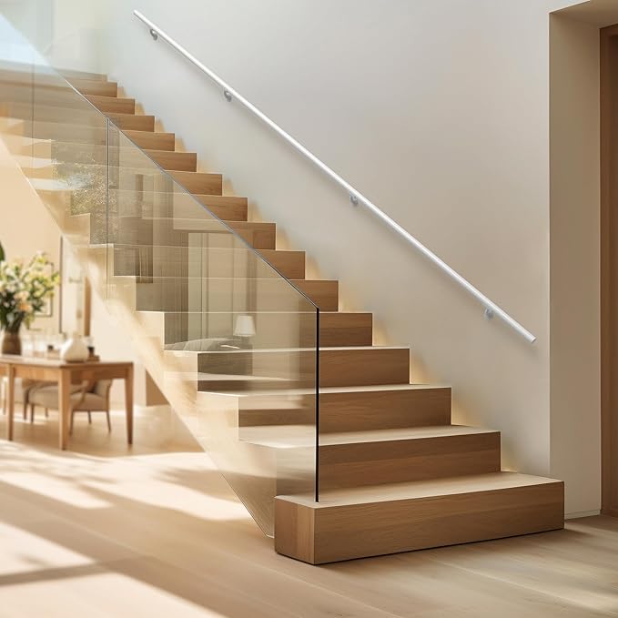 Meranti Aluminum Handrail for Indoor or Outdoor Steps and Stairs – Hand Rails for Elderly – DIY Complete Stair Railing Kit (AHR, Glossy White, 4' Length)