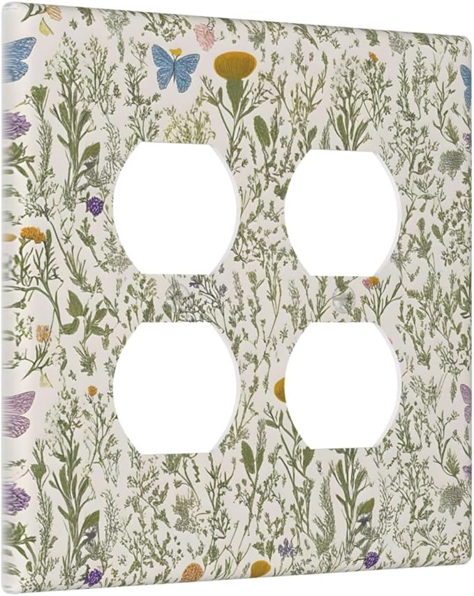 Floral Vintage Garden Plants Herbs Flower Botanical Outlet Covers 2-Gang Duplex Light Switch Covers Decorative Mustard Green Gfci Wall Plate Electrical Receptacle Switchplate Plug Faceplate