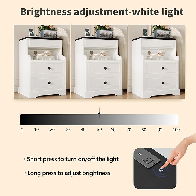 Night Stand with Charging Station,Bedside Table with 2 Drawers,Farmhouse End Table and Nightstand,Small Side Table for Bedroom,Living Room (White-Magnetic Locking, 1-Pcs)