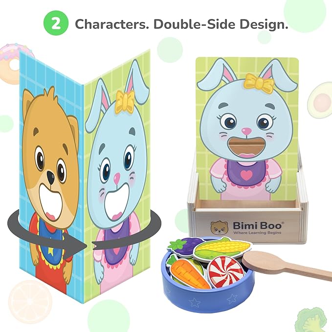 Bimi Boo Wooden Feeding Toy - Montessori Scooping Toy for Toddlers 1-4+ - Fine Motor Skills Pretend Play Food Set for Kids (27 Various Foods, a Spoon, Bowl)