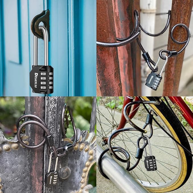 1 Pack disecu 4 Digit Combination Lock, 2.6 Inch Long Shackle Outdoor Waterproof Padlock with Heavy Duty Steel Cable for Bike, Gate, Fence (Black)