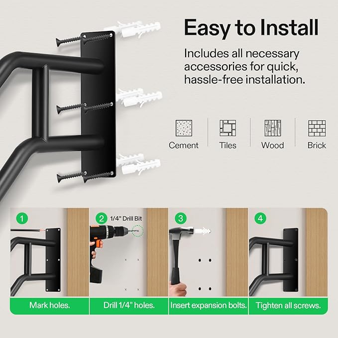 VIVOSUN Outdoor Handrail, 3 Step Stair Handrail, 27.5" x 18.5" Fits 1 to 3 Steps, U-Shaped Wrought Iron Stair Railing, Wall-Mounted Safety Rail for Concrete Step, Porch Steps, One-step Assembly, Black