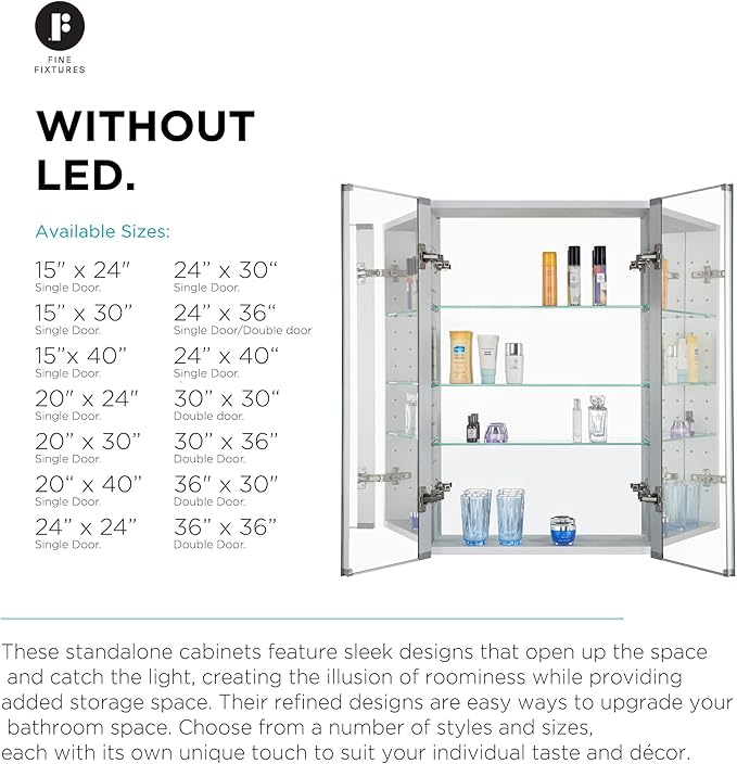 Fine Fixtures Bathroom Medicine Cabinet, Aluminum, Recessed/Surface Mount, 24" x 36", Right/Left Hinged, Mirrored Interior