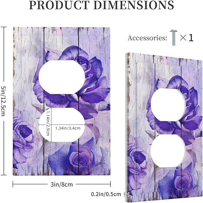Outlet Covers Purple Rose Flower Rustic Wood Plank 1 Gang Duplex Light Switch Cover Plate Decorative Wall Plates Electrical Switchplate Receptacle Cover for Farmhouse Bathroom Decor