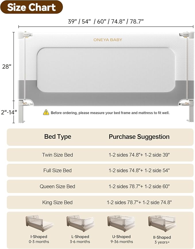 Baby Bed Rail Guard for Toddlers, Reinforced 60in Toddler Bed Rails for Queen Bed with Height Adjustable, Extral Tall Child Safety Side Railing Guards/Bedrail for Kids,White/Grey, 1 Side 54" Lx28 H