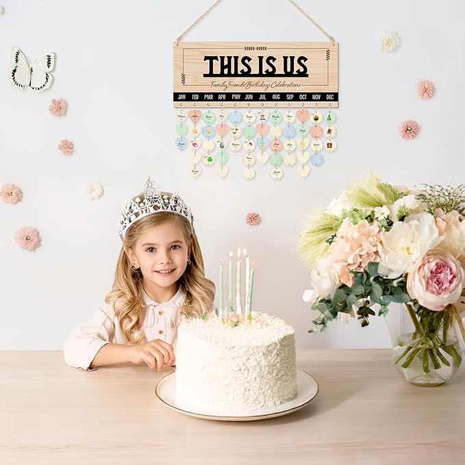 CHDITB Wooden 3D This is Us Birthday Calendar Wall Hanging(16"x6"), Rustic Family Friends Birthday Celebrations Reminder Tracker with Tags, Custom DIY Mother Gifts for Grandma