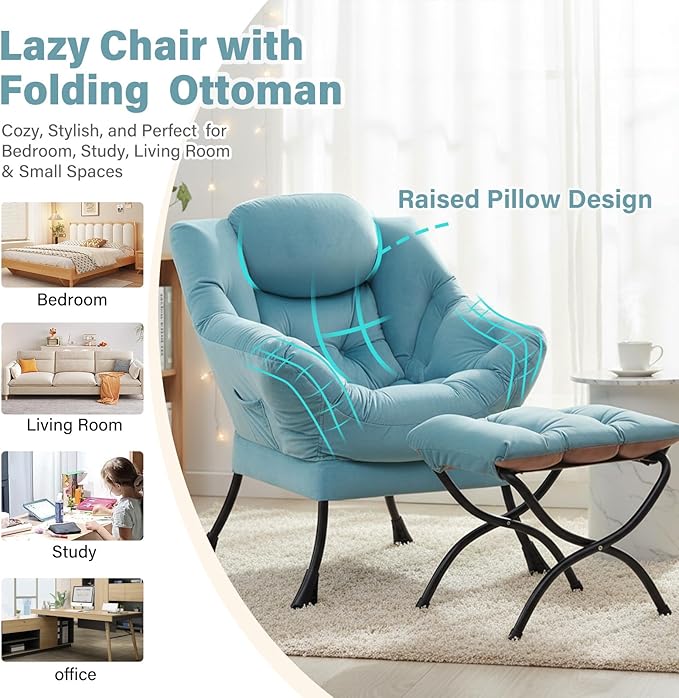 Lazy Chair with Ottoman, Modern Chair with Folding Footrest, Lounge Accent Chair, Comfortable Reading Chair (Velvet Light Blue