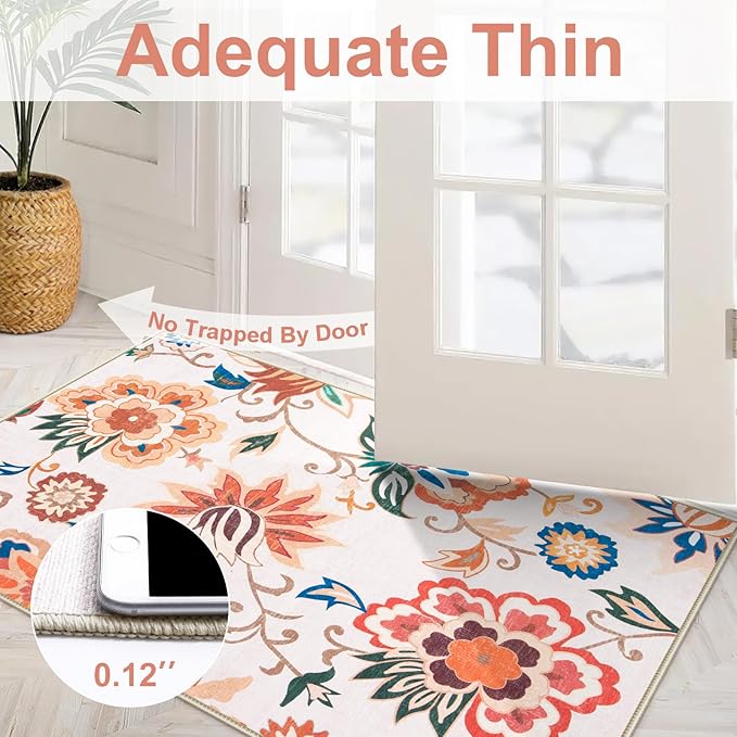 Beeiva Floral Entry Way Rugs Indoor Washable, Ultra Thin 2x3 Throw Rug Non Slip for Kitchen, Soft Paisley Mat Carpet for Bedroom Entrance Bathroom (Beige,2'x3')